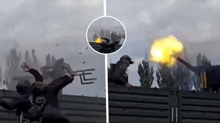 Imagini virale. Un militar rus pierde controlul unei mitraliere rotative în timpul unui exercițiu. Soldatul a fost luat pe sus și azvârlit de recul