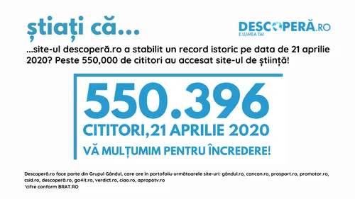 OFICIAL. Record istoric în presa online din România! Site-ul de știință descoperă.ro - peste 550.000 cititori într-o singură zi!