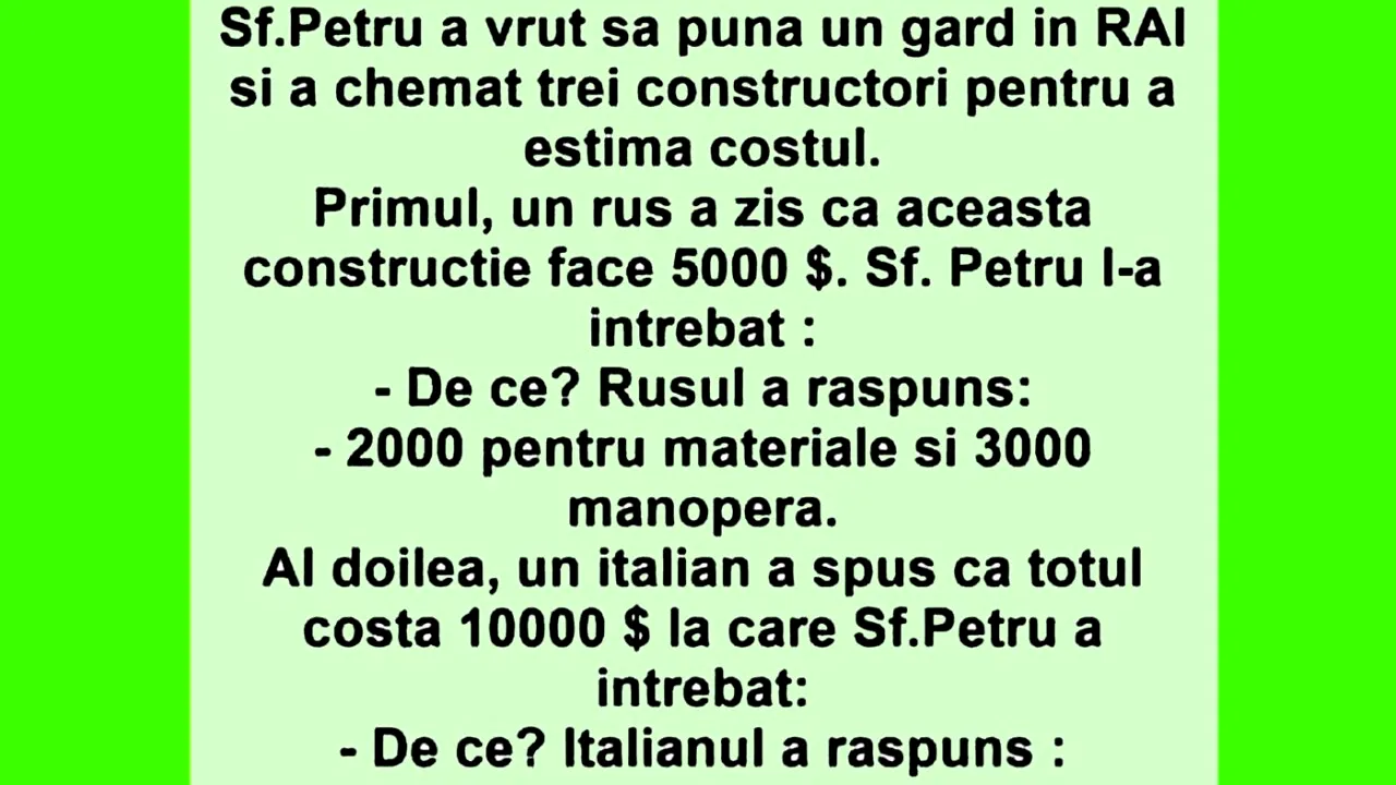 Bancul de duminică | Sfântul Petru vrea să facă un gard în Rai și cheamă 3 constructori