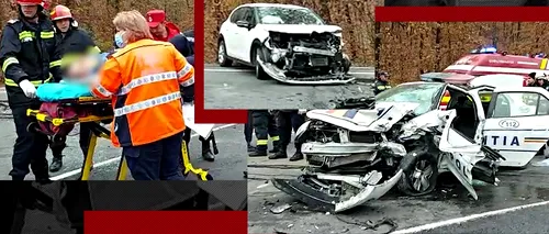 VIDEO - Mașină de poliție, implicată într-un accident pe DN 6 în Mehedinți / Autospeciala era în misiune și circula pe contrasens / Două persoane au ajuns la spital
