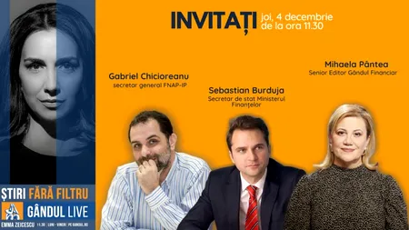 GÂNDUL LIVE. Sebastian Burduja, secretar de stat în Ministerul Finanțelor, se află printre invitații Emmei Zeicescu la ediția de vineri, 4 decembrie 2020, de la ora 11.30