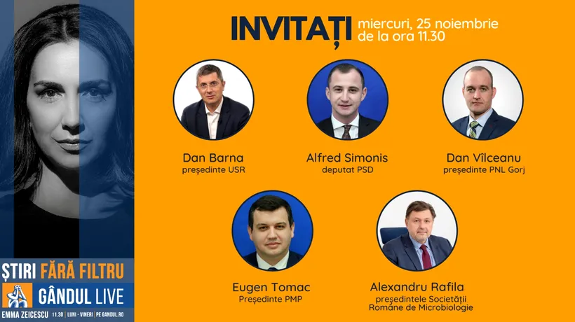 GÂNDUL LIVE. Președintele USR, Dan Barna, și liderul PMP, Eugen Tomac, printre invitații Emmei Zeicescu la ediția de miercuri, 25 noiembrie 2020, de la ora 11.30