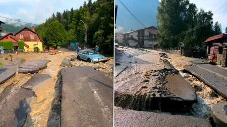 Cum arată Bușteniul după furtuna care l-a lovit. Străzi acoperite de noroi, mașini luate de ape și distrugeri în urma viiturii