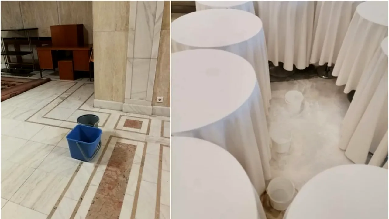 Holurile Parlamentului, pline de găleți cu apă, din cauza tavanului spart: „Timpul trece, legislatura se schimbă, găleata rămâne”