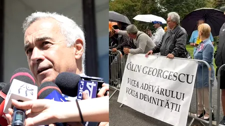 Călin GEORGESCU, așteptat de peste 100 de oameni în fața Poliției Ilfov cu drapel și pancarte: 