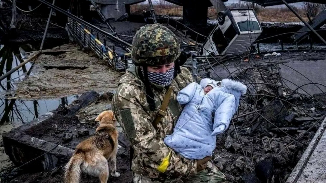 Imaginea războiului lui Putin. Un bebeluş din Kiev, scos de sub mormane de moloz şi purtat pe braţe de un soldat ucrainean