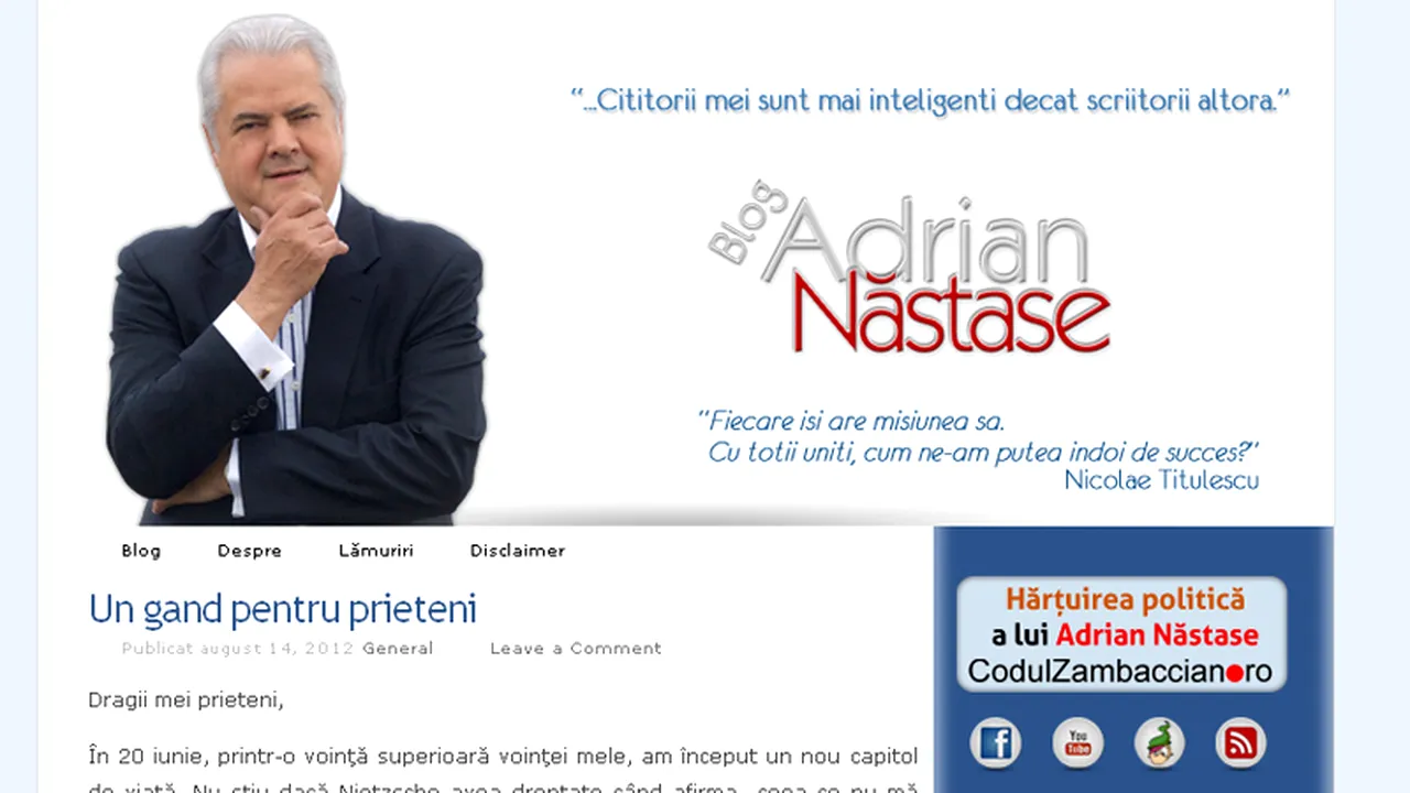 Adrian Năstase, prima postare pe blog din închisoare: 