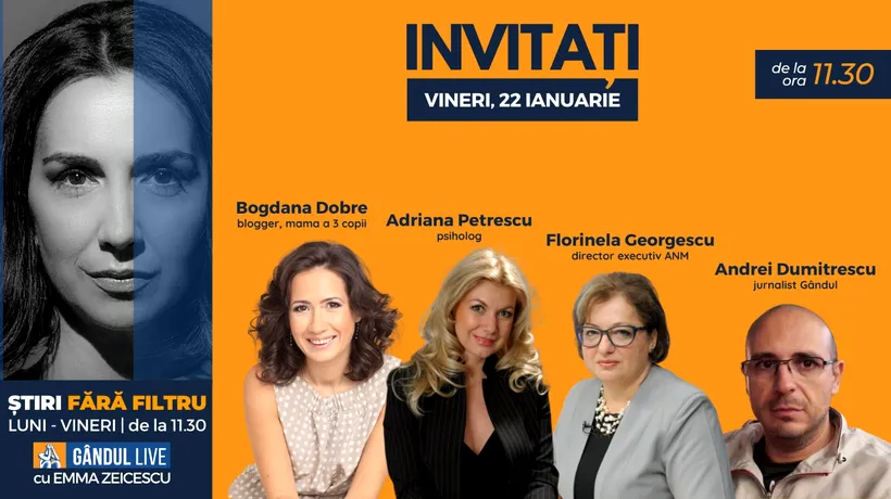 GÂNDUL LIVE. Psihologul Adriana Petrescu se află printre invitații Emmei Zeicescu la ediția de vineri, 22 ianuarie 2021, de la ora 11.30