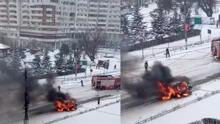 Mașină în flăcări la Giurgiu. Autoturismul a ars în întregime și s-a auzit o bubuitură puternică. De la ce a pornit totul