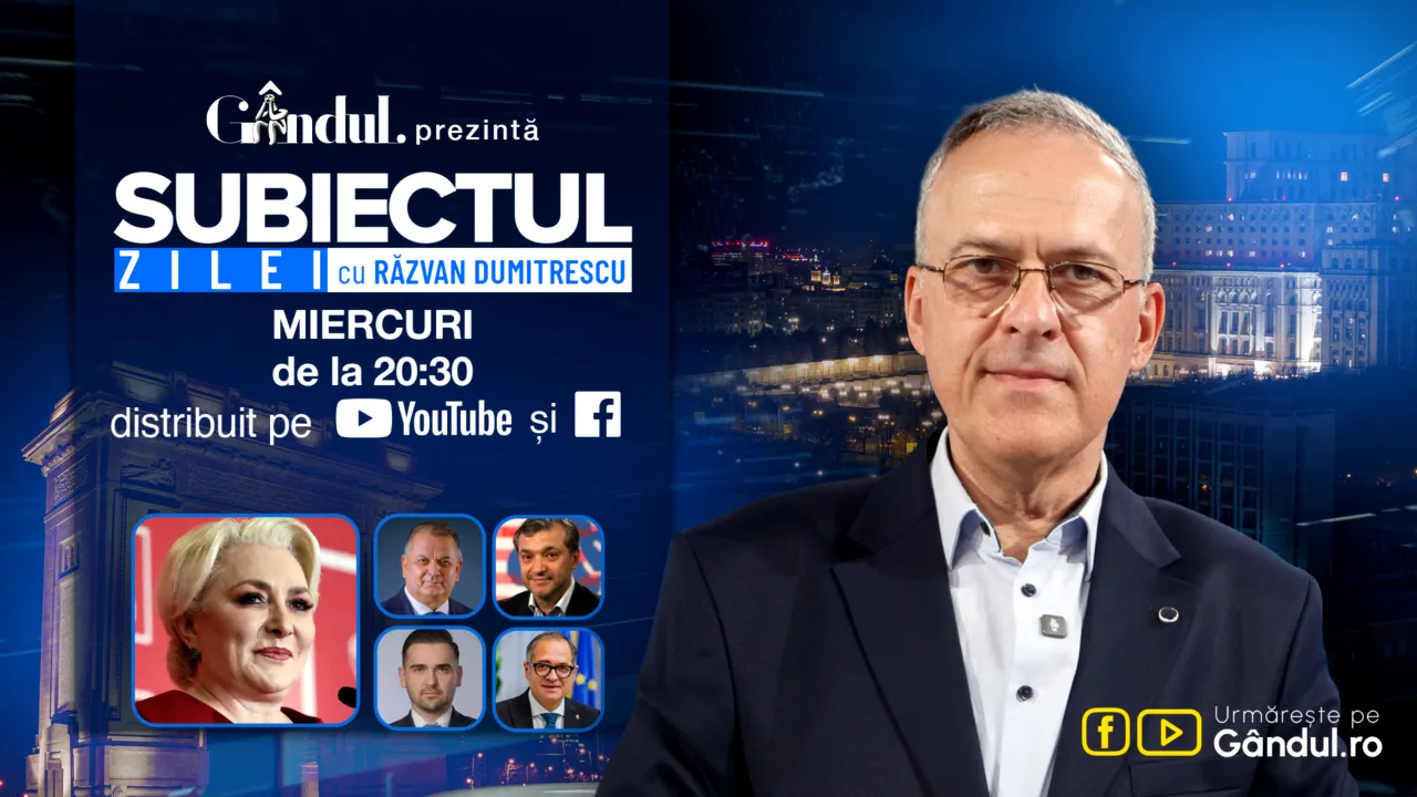 „Subiectul Zilei cu Răzvan Dumitrescu” începe miercuri, 02 septembrie, de la ora 20:30, live pe Gândul. În exclusivitate, Viorica Dăncilă, dezvăluiri despre variantele de guvern venite „pe surse” care nu au susținere în realitate