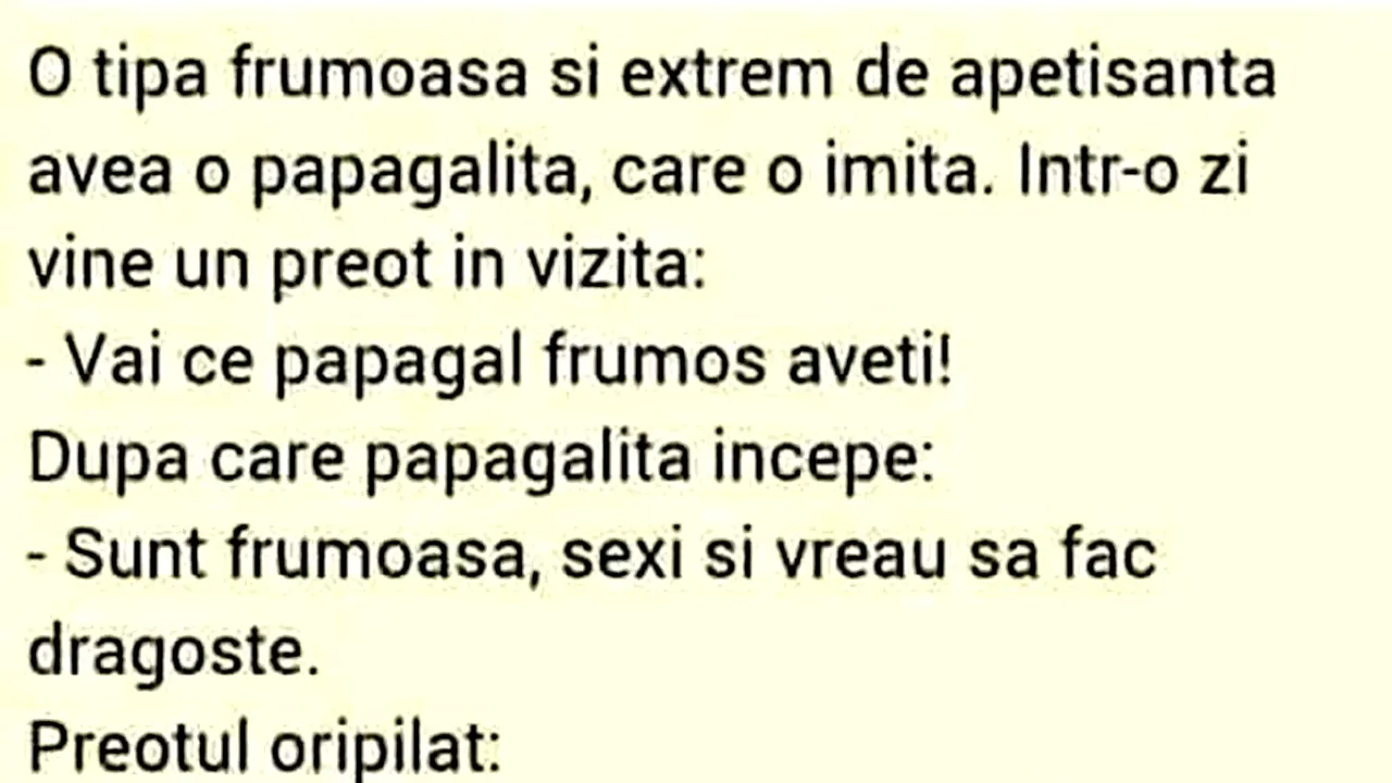 Bancul de sâmbătă | Preotul, tipa frumoasă și papagalița 