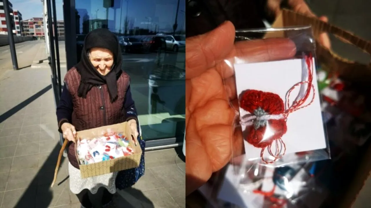 Povestea bătrânei care vinde MĂRȚIȘOARE cu 1 leu în față la Lidl ca să strângă bani de mâncare. Se teme să nu o amendeze polițiștii
