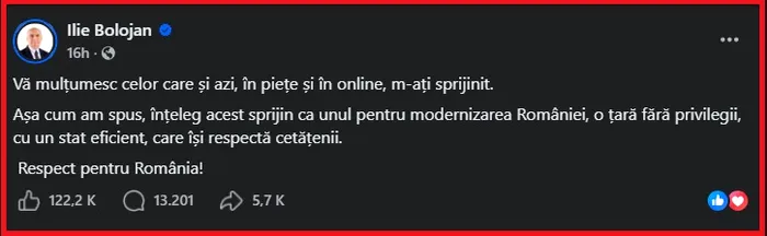 La postarea de pe Facebook în care Bolojan a mulțumit susținătorilor au reacționat peste 120.000 de persoane