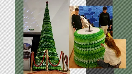 VIDEO | Cum arată bradul de Cartea Recordurilor realizat de studenții de la Craiova din hârtie reciclată