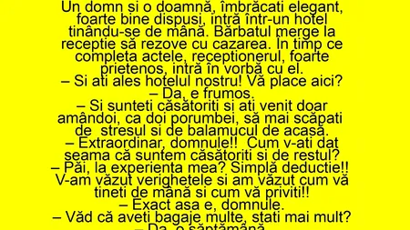 Bancul de marți | Un domn și o doamnă intră în hotel, ținându-se de mână