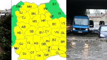 ROMÂNIA SUB COD GALBEN. Ploi torențiale, grindină și vânt puternic în 35 de județe