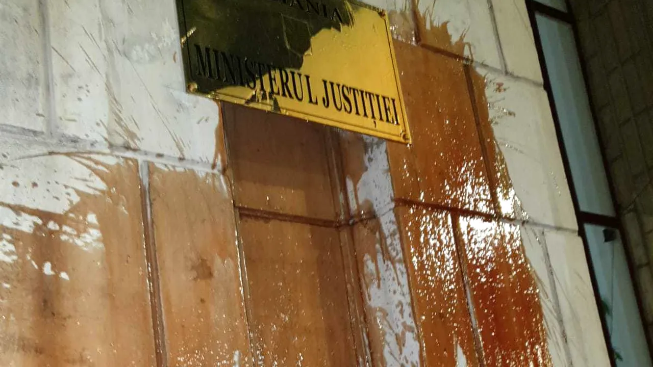 Protestatarii care au ÎMPROȘCAT cu KETCHUP pereții Ministerului Justiției, amendați cu 2.000 de lei