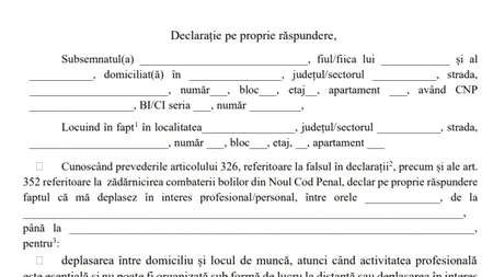 ORDONAȚA MILITARĂ | Modelul oficial al declarației pe propria răspundere cu care poți ieși din casă