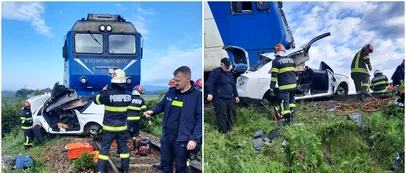 <span style='background-color: #1e73be; color: #fff; ' class='highlight text-uppercase'>GALERIE FOTO</span> Accident teribil pe calea ferată. Mașină spulberată de TREN în Făgăraș!