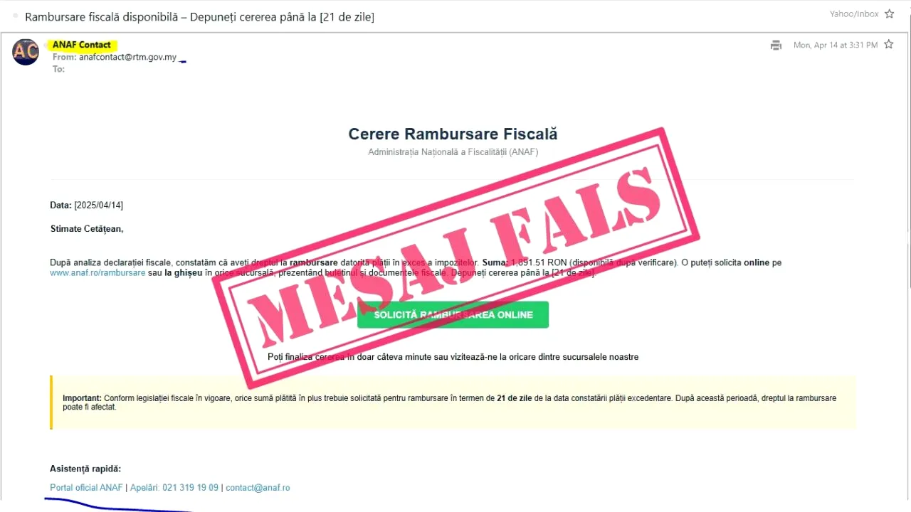 O nouă tentativă de FRAUDĂ în numele ANAF: 