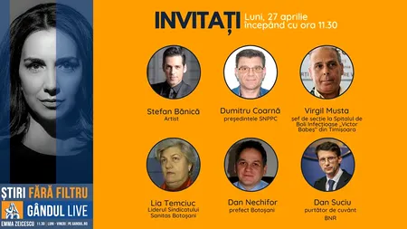 GÂNDUL LIVE. Subiecte explozive dezbătute cu Emma Zeicescu luni, 27 aprilie, de la ora 11,30. Printre invitați: Ștefan Bănică Jr., medicul Virgil Musta și Dan Suciu, purtătorul de cuvânt al BNR