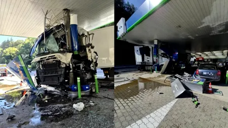 Accident grav pe Valea Oltului. Un TIR s-a izbit în pompa unei benzinării, iar traficul este blocat