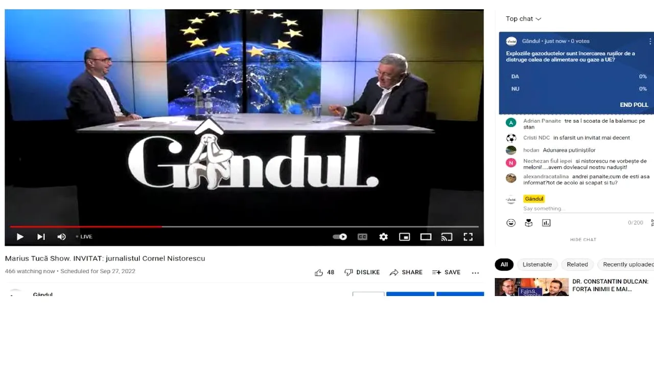 Poll Marius Tucă Show: „Exploziile gazoductelor sunt încercarea rușilor de a distruge calea de alimentare cu gaze a UE?”. Ce cred românii
