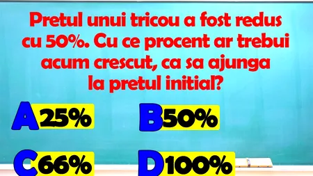IQ-test pentru economiști | Prețul unui tricou a fost redus cu 50%. Cu ce procentaj ar trebui crescut acum, ca să ajungă la prețul inițial?