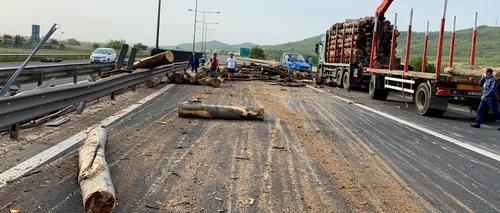 AUTOSTRADA 1. Un camion plin cu lemne a pierdut o parte din încărcătură între Sibiu și Orăștie