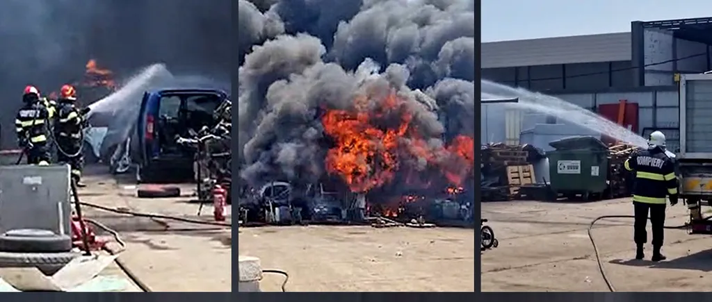 VIDEO. Incendiu violent la o hală de dezmembrări auto din Caracal. Un bărbat de 31 de ani cu arsuri pe mâini și picioare, dus de urgență la spital