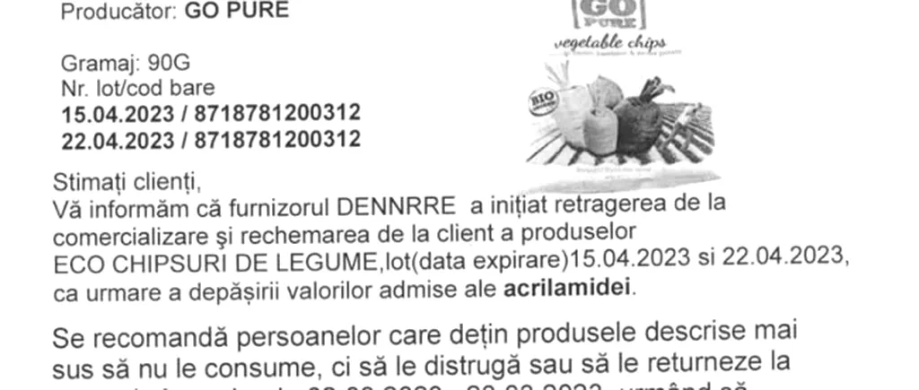 ANSVSA retrage de pe piață un sortiment de chipsuri. Cei care au cumpărat produsul sunt rugați să-l returneze URGENT