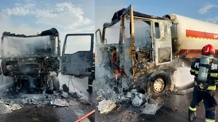 Alertă pe A7. Cabina unui TIR, încărcat cu GPL, a izbucnit în FLĂCĂRI. Traficul rutier a fost blocat