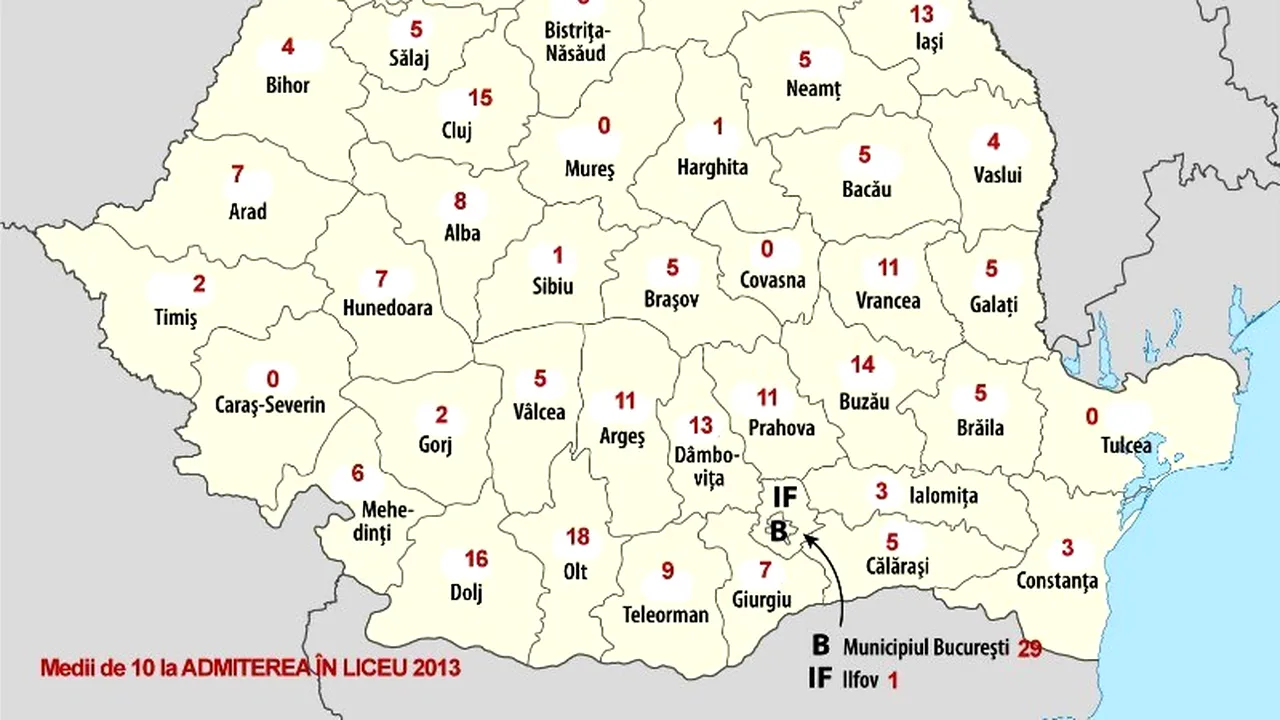 REZULTATE EVALUARE NAȚIONALĂ 2013 pe EDU.RO - ADMITERE LICEU 2013. Harta județelor cu cele mai multe medii de 10 