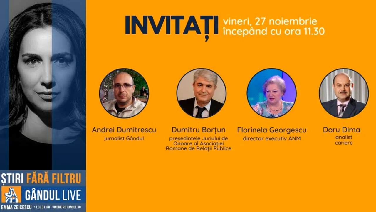 GÂNDUL LIVE. Dumitru Borțun, președintele Juriului de Onoare al Asociației Române de Relații Publice, printre invitații Emmei Zeicescu la ediția  de joi, 27 noiembrie 2020, de la ora 11.30