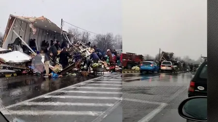 Un TIR încărcat cu fructe şi legume s-a răsturnat pe o șosea din Râmnicu Sărat. Ce a urmat după, se întâmplă numai în filme