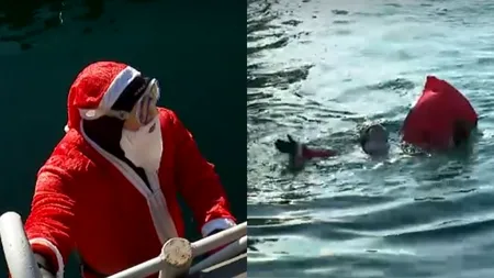 Moș Crăciun pe litoralul românesc. Cum au reacționat copiii când l-au văzut ieșind din apa mării: „Hai, Moșule”