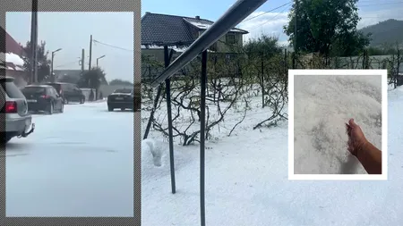 Fenomene meteo extreme în Neamț după ploaia cu grindină: Fotografii cu „zăpadă” depusă în toiul verii au fost distribuite pe internet