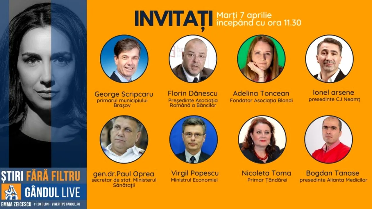 GÂNDUL LIVE. Cine sunt invitații Emmei Zeicescu, marți 7 aprilie, de la ora 11.30. George Scripcaru, primarul Brașovului, și Florin Dănescu, șeful ARB, pe listă