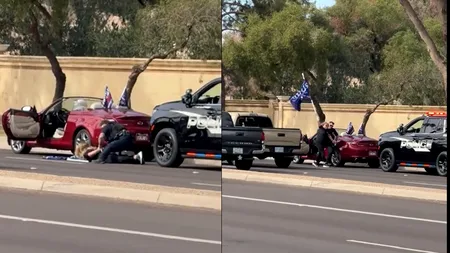 O româncă din SUA, susținătoare a lui Donald Trump, a fost TRÂNTITĂ la pământ de ofițerii de poliție, după ce a fluturat steagul pro-TRUMP în trafic