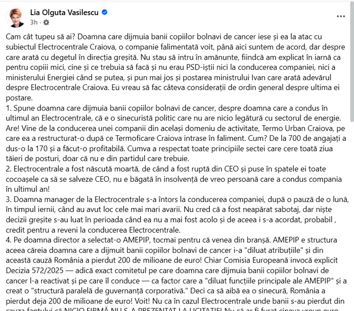 Lia Olguța Vasilescu îi răspunde Oanei Gheorghiu în scandalul Electrocentrale: 