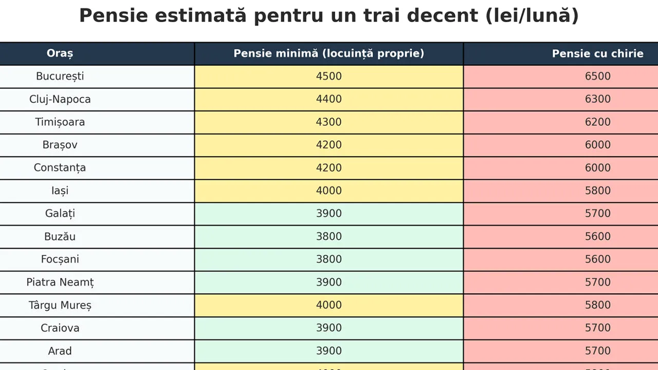 TABEL PENSII | Ce pensie ar trebui să ai în 2025 pentru un trai decent în România, pentru fiecare oraș în parte