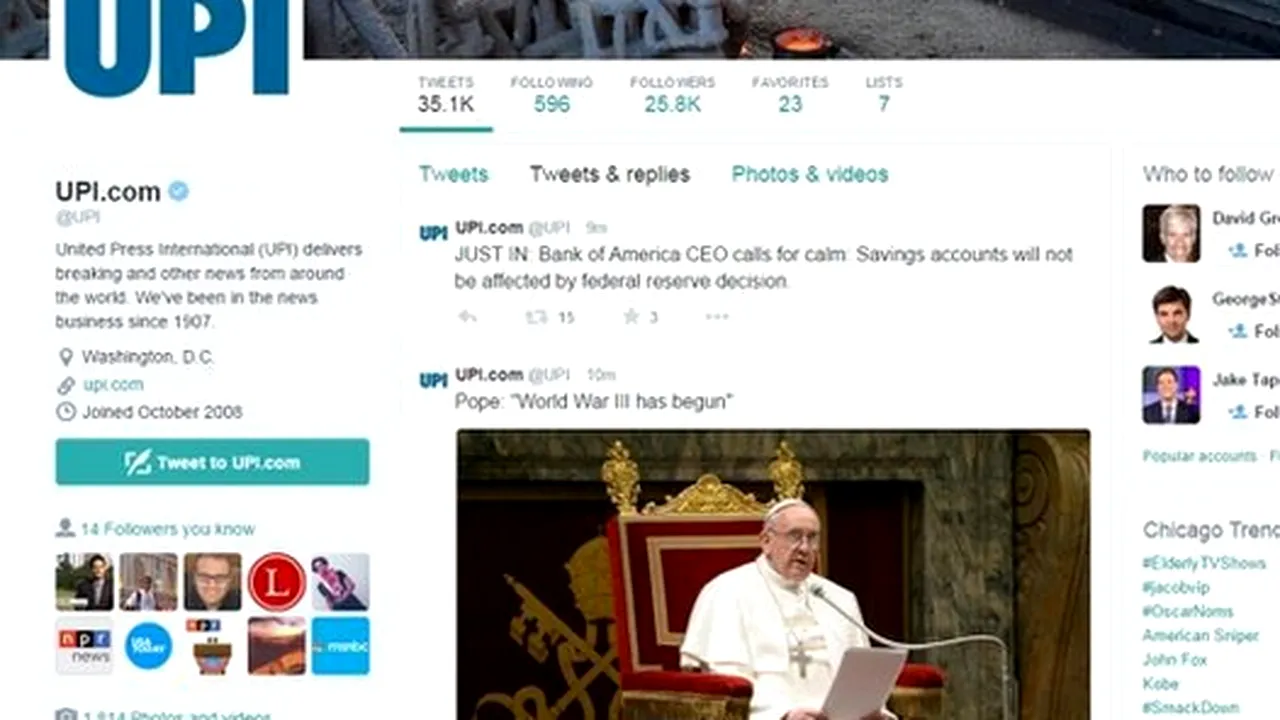 Conturile de Twitter ale mai multor publicații americane au fost sparte de hackeri. În urma atacului, a rămas un anunț despre „al Treilea Război Mondial