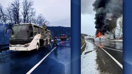 Un autocar cu aproape de 50 de pasageri la bord a luat foc pe o şosea din judeţul Mureş. Pompierii din Sighișoara au intervenit de urgență