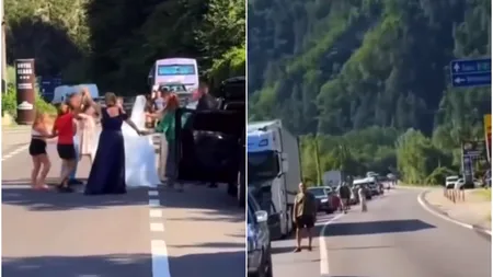 Imagini inedite. Un alai de nuntă blocat pe Valea Oltului a încins o horă direct pe șosea