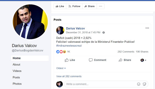 Darius Vâlcov anunță deficitul pe Facebook