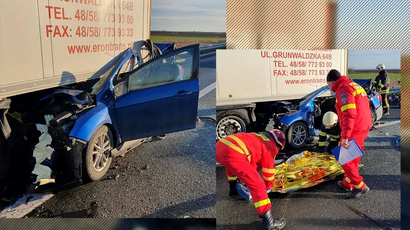 FOTO | Accident înfiorător pe A1, la 8 kilometri de vamă / Un șofer a murit după ce a intrat cu mașina sub un camion