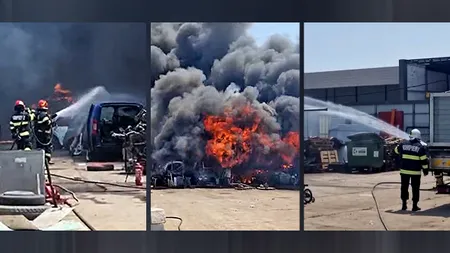 VIDEO. Incendiu violent la o hală de dezmembrări auto din Caracal. Un bărbat de 31 de ani cu arsuri pe mâini și picioare, dus de urgență la spital