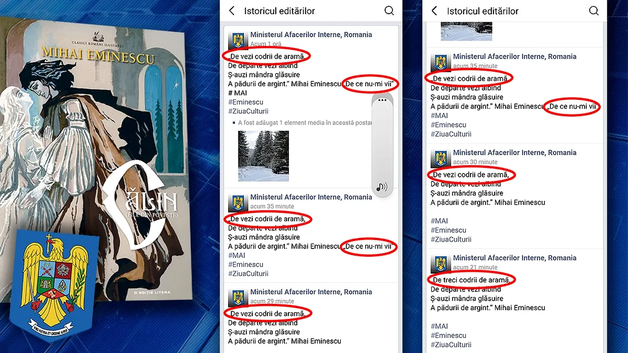 De ziua lui Eminescu, oamenii legii au greşit titlul şi versurile poeziei postate. Ulterior, au postat un mesaj de scuze