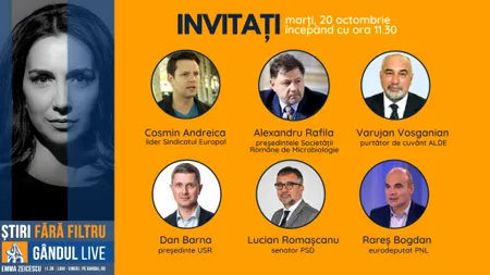 Senatorul PSD Lucian Romașcanu, eurodeputatul PNL Rareș Bogdan și președintele USR, Dan Barna, printre invitații Emmei Zeicescu la ediția Gândul LIVE de marți, 20 octombrie 2020, de la ora 11.30
