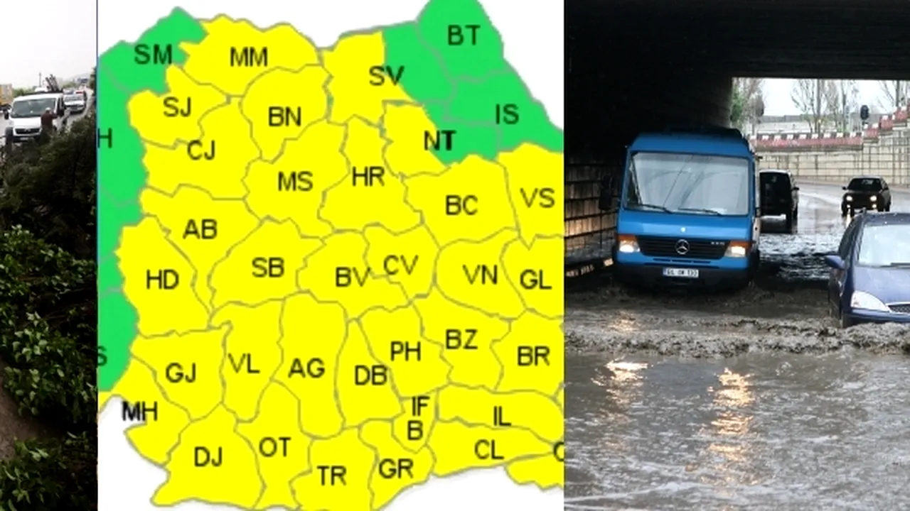 ROMÂNIA SUB COD GALBEN. Ploi torențiale, grindină și vânt puternic în 35 de județe